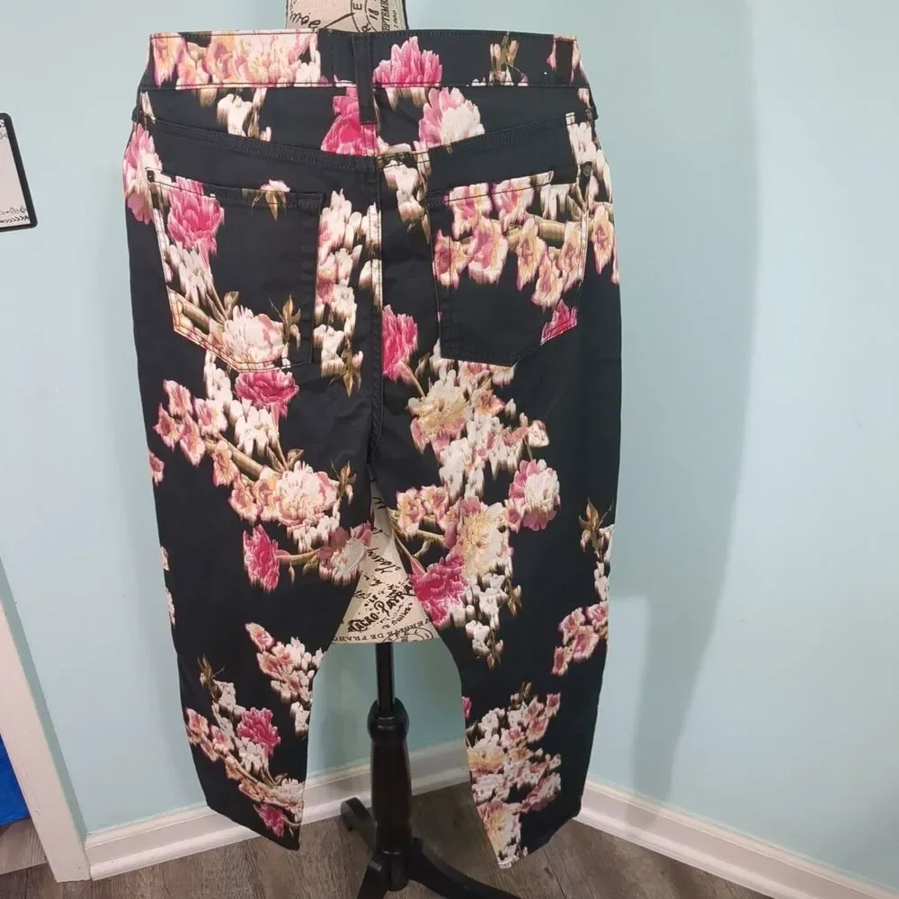 7 For All Mankind Black Floral Print Skinny Pants sz 32